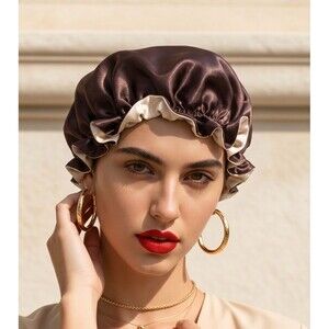 Reversible Satin Sleep Bonnet – Brown & Champagne – Extra Large, Elastic Fit